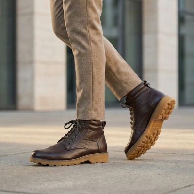 Genuine Grain Leather Lace-Up Boot - Chocolate